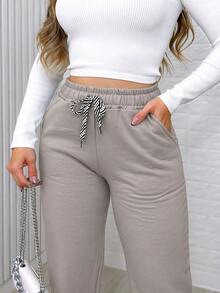 Women's Straight Track Pants With Elastic Waistband, Solid Color. - Mocha Brown - View 1