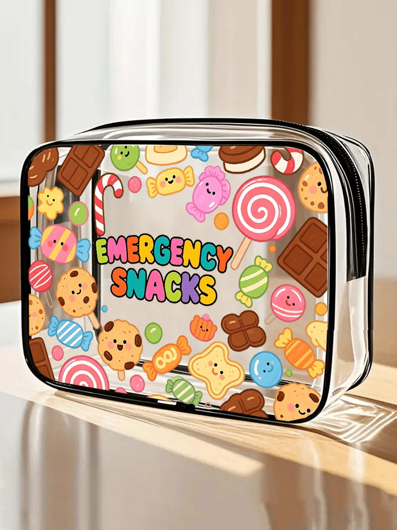 "Emergency Snack" 字母印花 PVC 化妝包,拉鍊密封 PVC 旅行收納袋,輕量耐褪色化妝盥洗包,適合女性與女孩,TSA 認證便攜式化妝盒,易於擦拭清潔,適合母親、老師、朋友、護士等,女性朋友禮物袋,學校、度假、旅行必備盥洗包,防水盥洗包 - 彩色 - 查看 1
