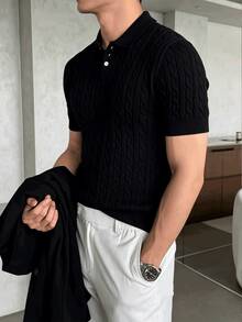 男士新款商务休闲Polo衫/针织衫,男士短袖纯色Polo领宽松韩版休闲针织上衣 - 黑色 - 查看 5