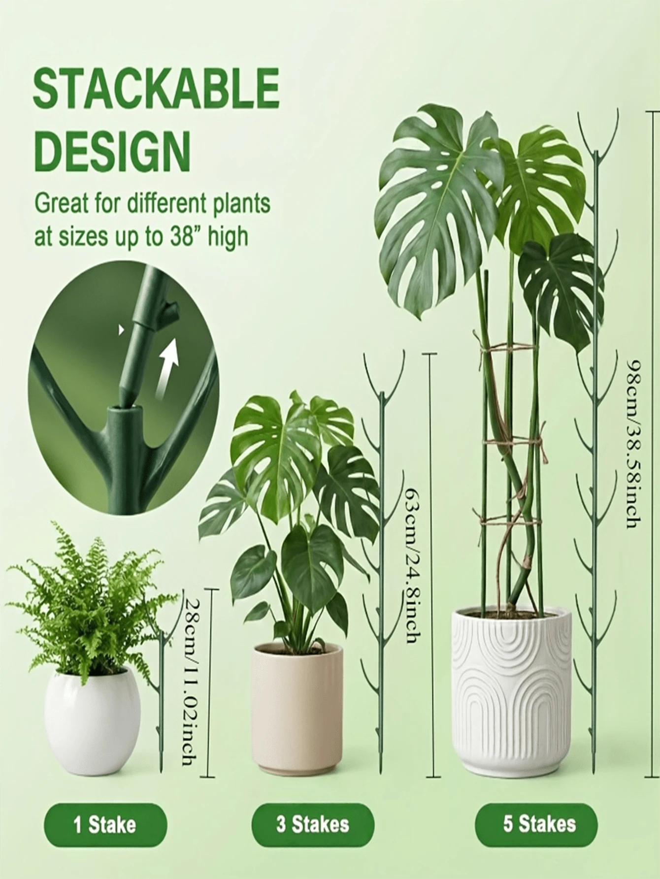 龜背竹植物支撐套組,5 根支撐桿與 1 捲綁繩,可堆疊高桿,設計用於支撐攀爬植物莖幹的格子架式園藝支撐,適用於戶外園藝 - 多色 - 查看 1