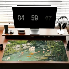動漫鯰魚圖案滑鼠墊，縫邊設計，防滑橡膠底，特大號長方形辦公桌墊，35.4x15.7 英吋，送給朋友的禮物，女性返校開學桌上配件，辦公用品，桌面配件 - 貓魚池塘 - 查看 3