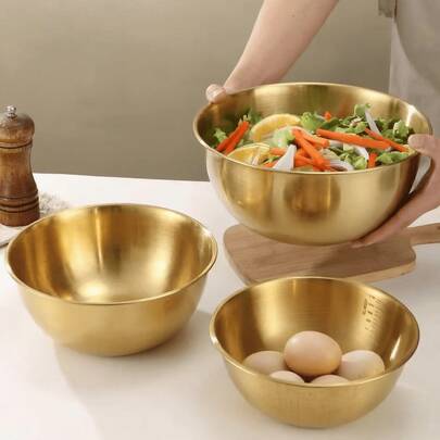 1 pieza/3 piezas Tazones de mezcla de acero inoxidable dorado con marcas de medición, tazones de cocina multiusos para ensalada, fruta, pasta, duraderos y fáciles de limpiar, para uso en exteriores, superficie de metal cepillado