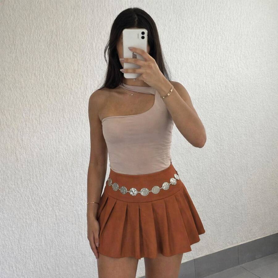 Women's Tailored High-Waisted Short Skirt With Lining And Side Zipper - A Stylish Flared Skirt Perfect For São João Festivities And Special Occasions. - 摩卡棕 - 查看 1