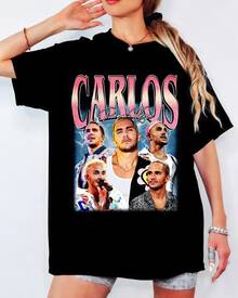 Carlos PenaVega Vintage-Fotocollage-T-Shirt, pinkfarbener Farbverlauf mit Blitzmotiv, Unisex-Freizeittop für Fans - Schwarz - Übersicht 6