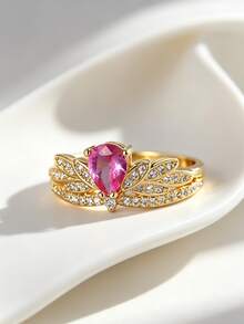 Charm-In Bague ouverte rose vintage en CZ, bague en CZ en forme de larme plaquée or 18 carats, bijou avec diamants pavés ornés, pour un port quotidien chic pour femmes - Doré - Voir 2