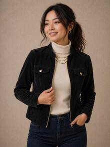 Women's Corduroy Jacket With Zipper - Elegant And Warm - Modern - Winter - Velvet - Zipper - Holiday - School - Vacation - Daily - Office - 黑色 - 查看 4