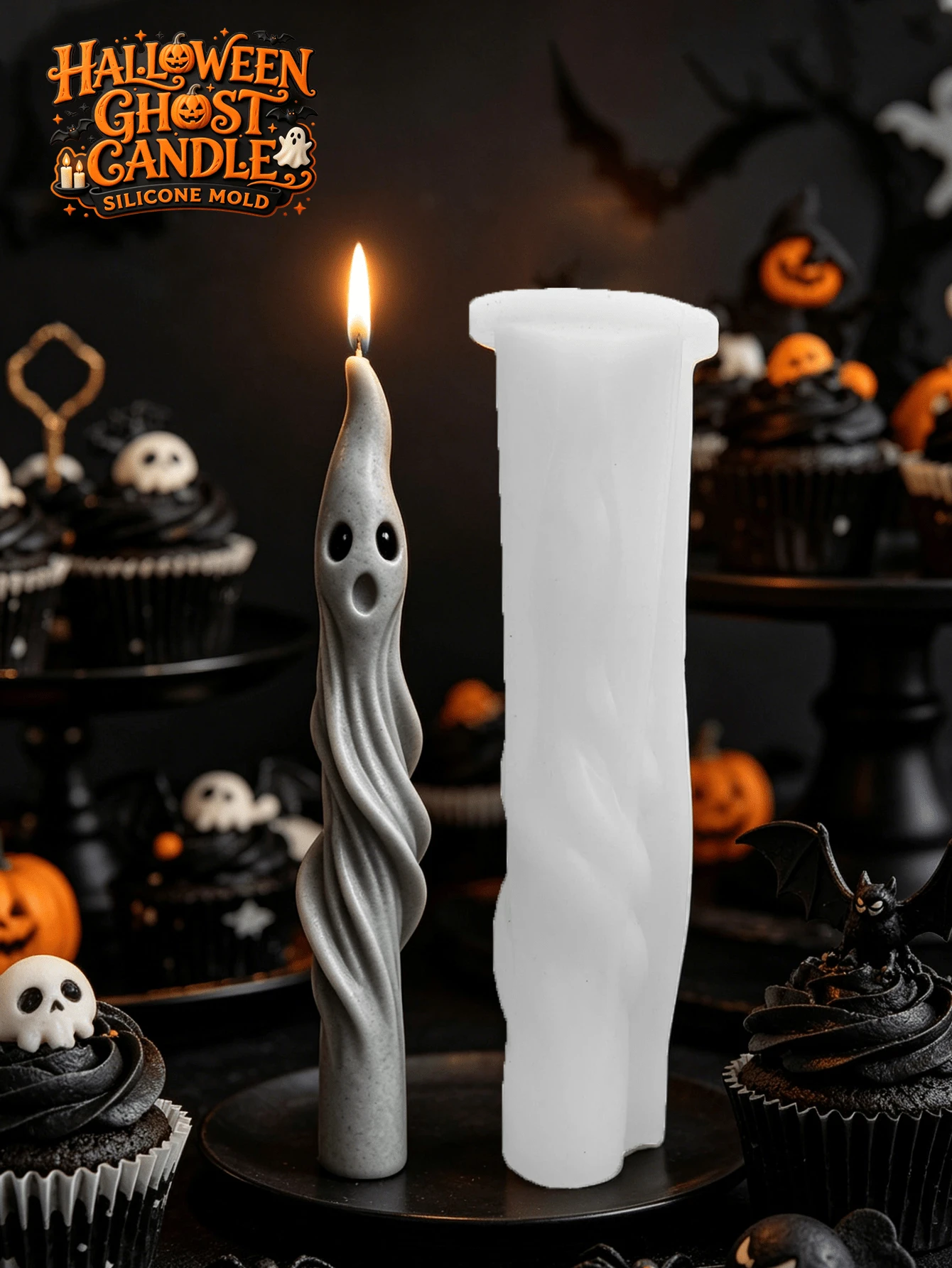 1 khuôn silicon làm nến hình ma xoắn ốc Halloween - Cao 20cm, dụng cụ tự làm nến hình nón ma thẩm mỹ, có lỗ mở bên hông để dễ dàng lấy nến ra, silicon mềm dễ lấy nến ra. - Khuôn nến hình ma Halloween - Xem 1