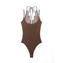 DEEKA Summer New Women's Fashion Sexy Contrast Lace Halter Bodysuit Elegant - Brown - View 1