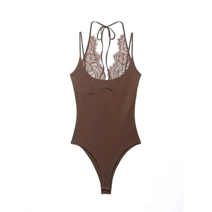 DEEKA Summer New Women's Fashion Sexy Contrast Lace Halter Bodysuit Elegant - Brown - View 1
