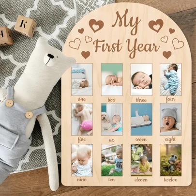 2D Flat - Baby's First Year 2D Wooden Wall Decor, Growth Record And Photo Display Board, Multifunctional Monthly Milestone Plaque, Boho Style, Asymmetrical Shape, English, Desktop Mounting, No Electricity Required