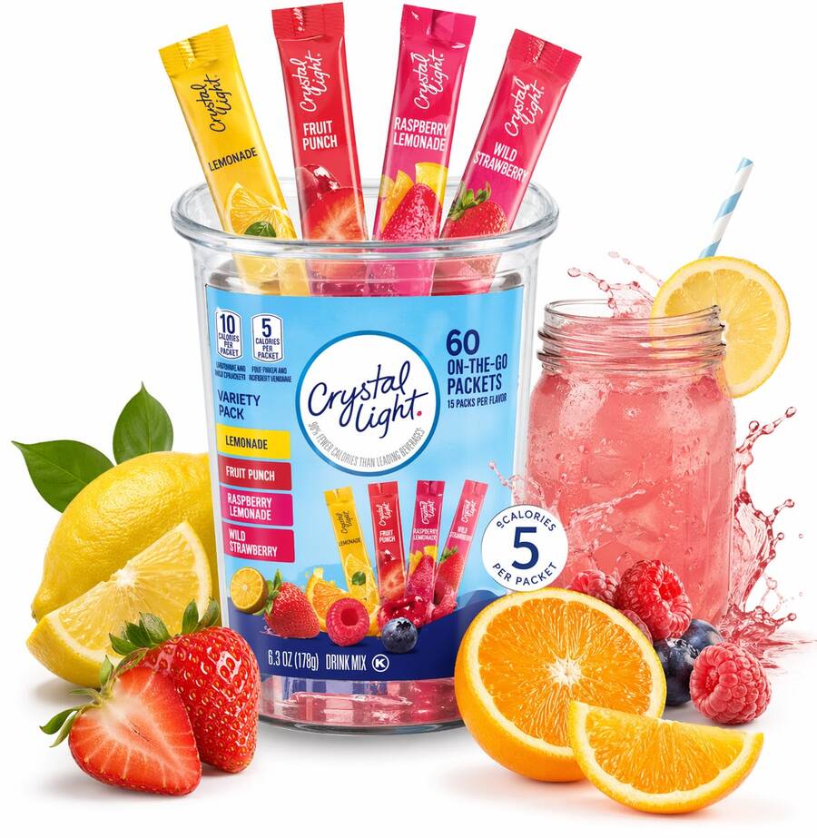 Crystal Light Drink Mix Variety Pack, 60 Count (6.3 Oz), Zero Sugar Instant Powder Sticks, Water Flavoring Packets For Bottled Water, Perfect For Summer Party, Holiday Gathering, BBQ, World Cup & Everyday Hydration - 6.3oz - View 1