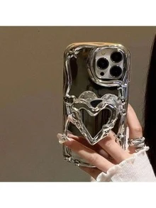 不对称造型支架手机壳，拉推式设计，防震电镀银镜面，适用于 3D心形支架和波浪边Y2K美学保护壳，带摄像头保护，适用于 17/16/15/14/13/12/11 Pro Max/Plus，母亲节礼物，生日周年纪念礼物 - 彩色 - 查看 2