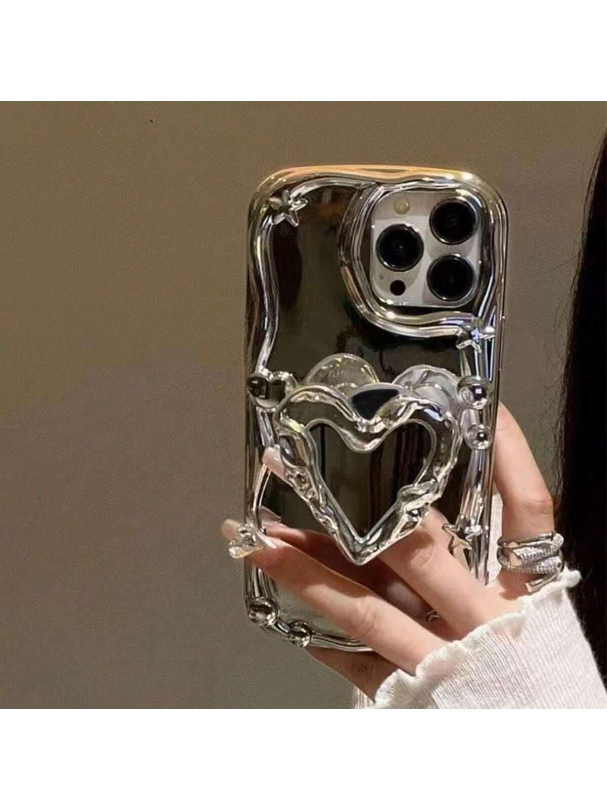 不对称造型支架手机壳，拉推式设计，防震电镀银镜面，适用于 3D心形支架和波浪边Y2K美学保护壳，带摄像头保护，适用于 17/16/15/14/13/12/11 Pro Max/Plus，母亲节礼物，生日周年纪念礼物