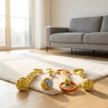Bộ 4 món đồ chơi gặm cho cún con: Vòng cao su bền, dây thừng bện, đồ chơi gặm răng và dây gặm tương tác, được thiết kế dành cho cún con đang mọc răng. - Màu vàng - Xem 7
