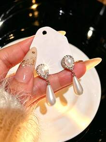 1 Đôi bông tai ngọc trai giả hình giọt nước chất lượng cao dành cho cô dâu, trang sức cưới cho phù dâu. - Bạc - Xem 4