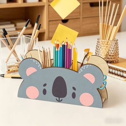 Boîte de rangement en bois à compartiments multiples, organisateur de bureau de dessin animé de koala, porte-stylo, crayon, pinceau pour étudiant, convient pour la maison, le bureau, la salle de classe, les pinceaux de maquillage - organisateur de papeterie design animal, fournitures de bureau mignonnes, essentiel de salle de classe, décoration amusante, indispensable pour les étudiants