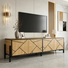 153 X 40 X 50 Cm TV Cabinet, Lowboard, TV Stand With 4 Doors, Contrasting Geometric Design, Suitable For TVs Around 65 Inches, In Natural Wood Color With Black Lines. - Natural Wood - 查看 7