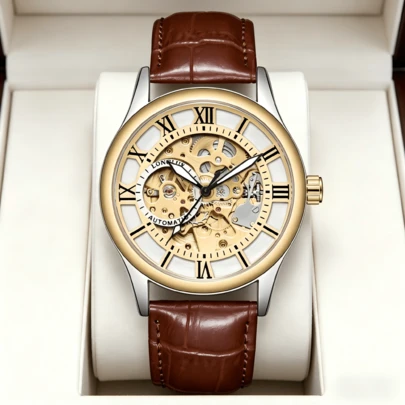 LONGLUX 1pc Hollow Automatic Mechanical Movement Men's Waterproof Leather Strap Watch, Roman Numeral Date, Gift