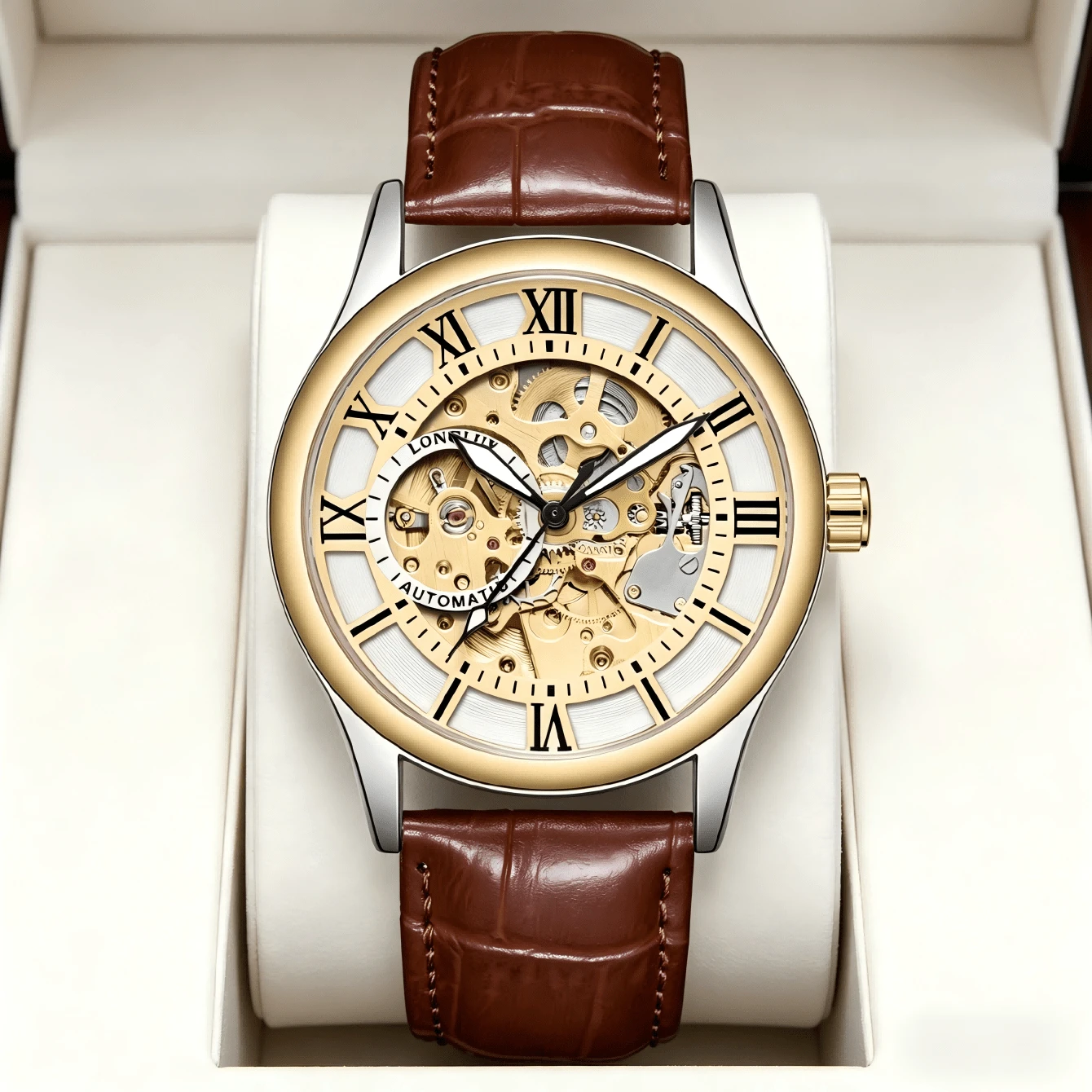 LONGLUX 1 chiếc đồng hồ nam tự động, máy cơ rỗng, chống nước, dây da, hiển thị ngày bằng chữ số La Mã, quà tặng.