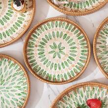 1pc Pearl Shell Inlaid Wooden Base Woven Rattan Decorative Tray, Not For Food Contact, Home Decor - Yellow - View 1