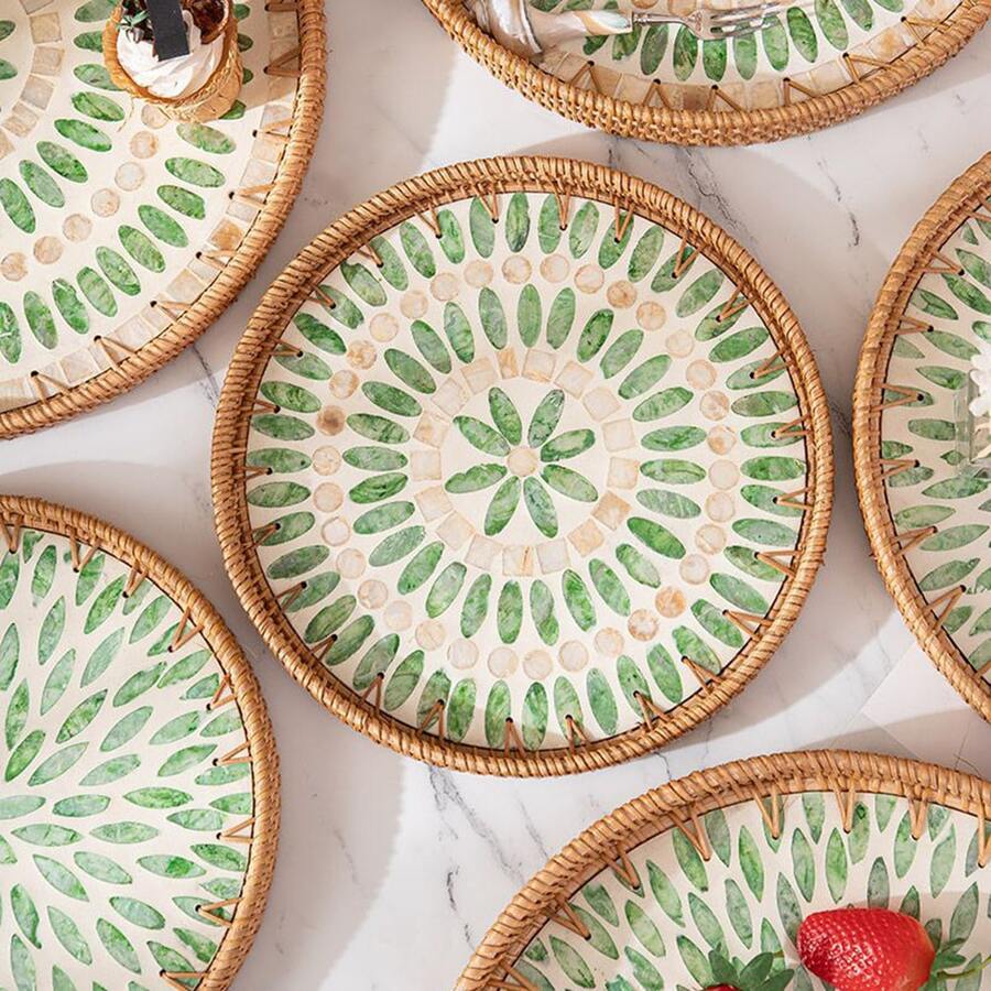 1pc Pearl Shell Inlaid Wooden Base Woven Rattan Decorative Tray, Not For Food Contact, Home Decor - Yellow - View 1