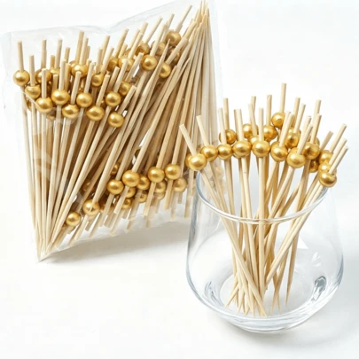 100pcs/50pcs/30pcs/20pcs/5pcs Gold Bamboo Skewers, Thicker Upgraded Bamboo Picks, Finger Food Sticks, Cocktail Sticks, Disposable Bamboo Skewers With Round Bead Design, Suitable For Kitchen, Salad, Wedding, Holiday Party, Gathering, Birthday And Other Occasions