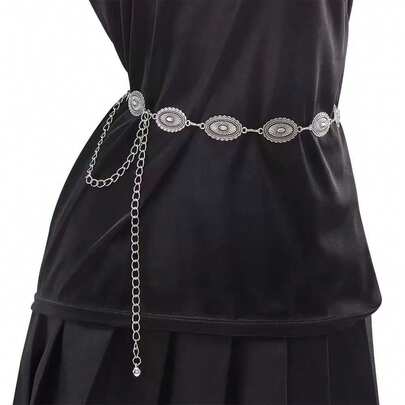Vintage Embossed Faux Silver Chain Waist Belt, Versatile Retro Metal Waist Chain, Street Fashion Zinc Alloy Waist Belt, Popular All Season