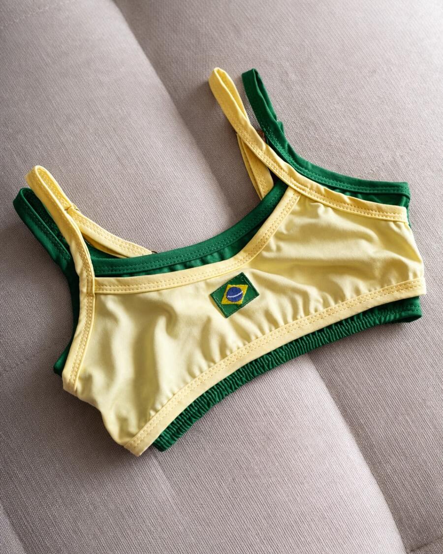 Double Strappy Cropped Top With Brazil Embroidery, 2 In 1, Women's, Beach, Holiday, Sports And Fitness, Vacation, World Cup - 薑色 - 查看 1