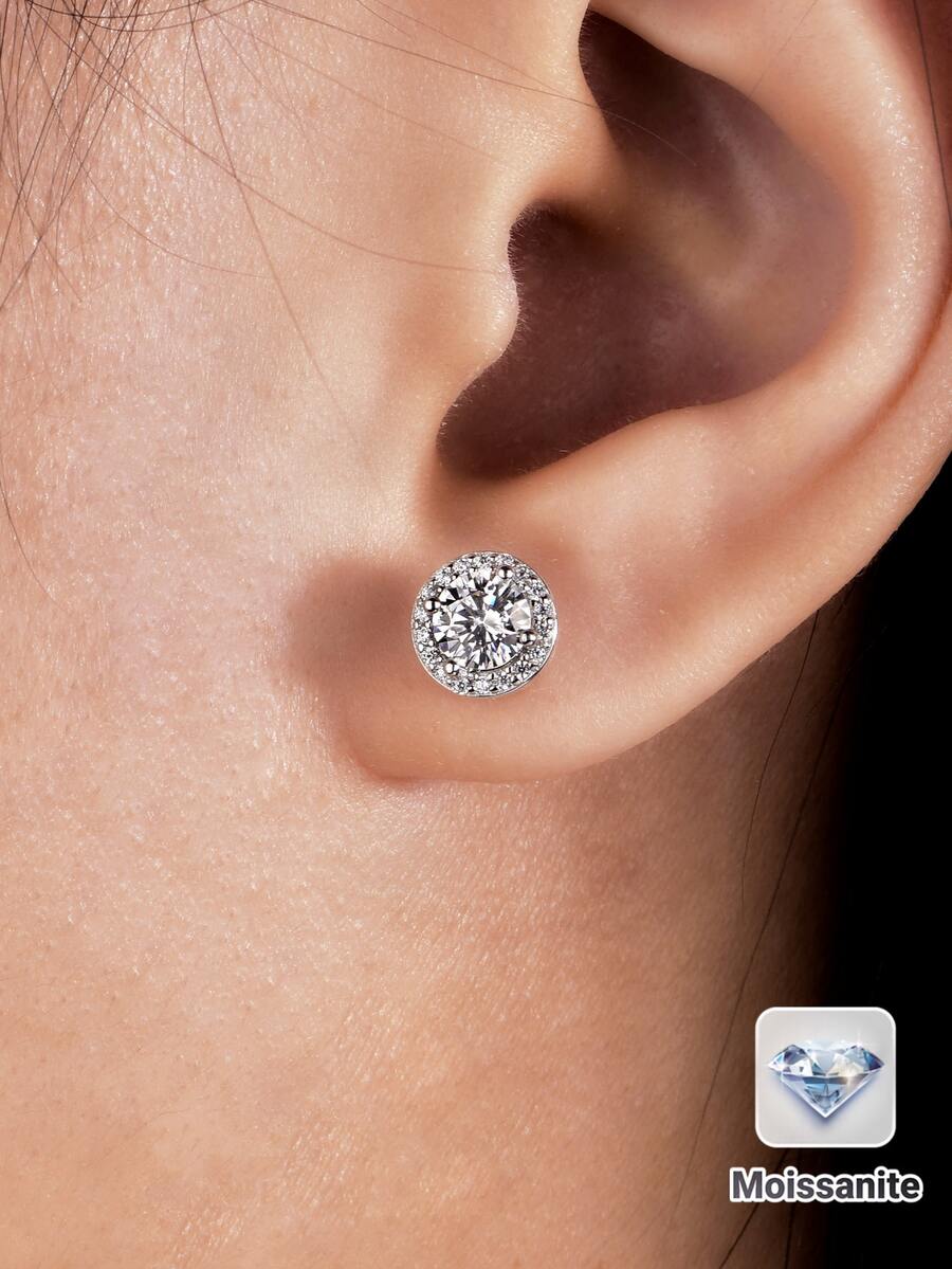 Bông tai đính đá Moissanite 1CT bằng bạc Sterling S925, thiết kế unisex, phù hợp cho các dịp hàng ngày, công sở, đám cưới, lễ hội, tốt nghiệp, sinh nhật và tiệc tùng. - Bạc - Xem 1