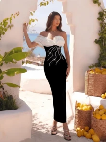 Elegantes Farbblock 3D-Blumen-Strass-Dekor asymmetrisches Abendkleid für festliche Anlässe, Hochzeit, Frühling - Schwarz und Weiss - Übersicht 4