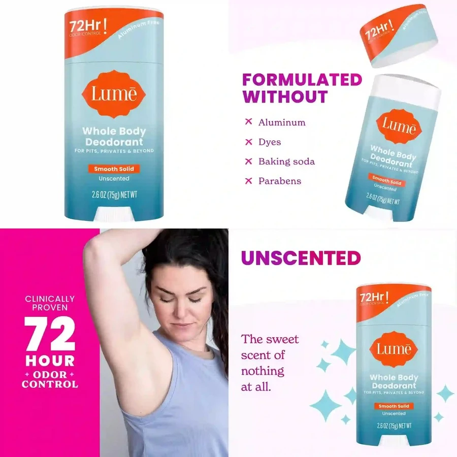 Lume Whole Body Women's Smooth Solid Deodorant - Unscented - Aluminum-Free 2.6oz: Vegan, Paraben-Free, - 2.6盎司 - 查看 1