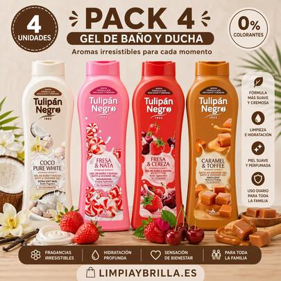  Pack 4 Geles Tulipán Negro Variados - Coco, Fresa & Nata, Fresa & Cereza y Caramelo Toffee | Hidratación y Aroma Intenso | 0% Colorantes
