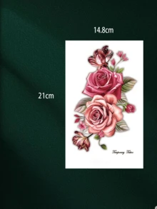 1张临时纹身贴纸，时尚酷炫的粉色玫瑰花图案，创新清新的黑色纹身贴纸，防水正品，适用于腰部、腿部、手臂等身体部位，男女通用，易于粘贴和去除，可遮盖疤痕，素描风格 - 彩色 - 查看 5