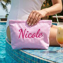 個性化字母印花化妝包，客製化伴娘化妝收納袋，旅行化妝品收納包，刺繡洗漱包，拉鍊化妝包，沙灘化妝包，送給她的禮物 - 彩色 - 查看 3