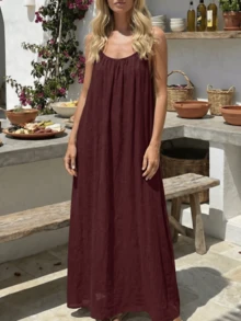 Backless Cami Dresses For Women Summer 2026 Sleevelesss Long Open Back Dress Lounge House Vacation Beach Sundresses - Màu Đỏ Sâu - Xem 3