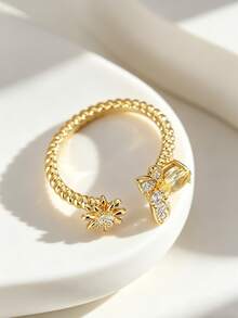 18K Gold Plated Bee & Sunflower Open Ring, Cubic Zirconia Stackable Ring, Cute Dainty Jewelry Gift For Women, Daily Wear - Gold - View 4