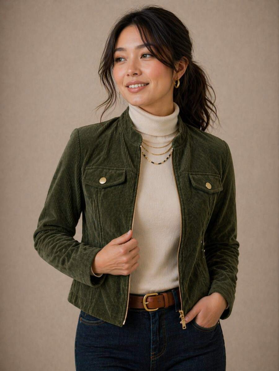 Women's Corduroy Jacket With Zipper - Elegant And Warm - Modern - Winter - Velvet - Zipper - Holiday - School - Vacation - Daily - Office - 軍綠色 - 查看 1