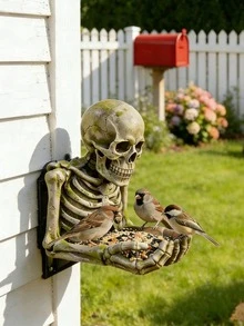 Vintage Moss Skull Resin Bird Feeder, Outdoor Wall Hanging Sculpture, Gothic Style Garden Decor, Durable Polyresin Bird Food Bowl To Attract Wild Birds And Add Eerie Charm - B - View 3