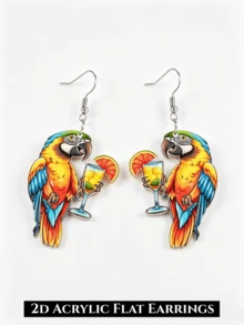 2D Tropical Parrot Acrylic Drop Earrings, Double-Sided Printed, Hawaiian Cocktail Glass Design, Summer Bird Drop, Beach Party Earrings - Yellow Parrot Juice - View 8