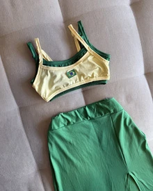 Double Strappy Cropped Top With Brazil Embroidery, 2 In 1, Women's, Beach, Holiday, Sports And Fitness, Vacation, World Cup - 薑色 - 查看 5
