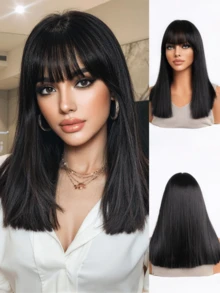 Tóc giả thẳng dài ngang vai 18 inch, màu đen nâu kiểu bob với kết cấu Yaki và mái bằng dày, chất liệu sợi tổng hợp chịu nhiệt dày dặn, bồng bềnh, phù hợp cho sử dụng hàng ngày và các bữa tiệc. - màu đen - Xem 12