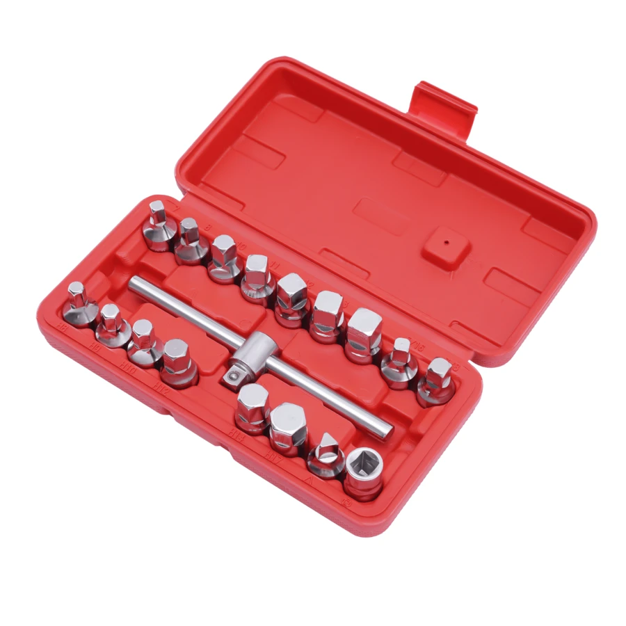 Futchoy 18PCS Drain Plug Socket Set, Oil Drain Plug Key, 3/8" Drain Plug Key Set - A - View 1