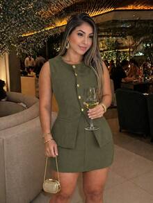Elegant Women's Tailored Set: Vest, Shorts, And Skirt - 軍綠色 - 查看 2