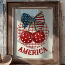 1pc Patriotic Cherry Blossom Print Artwork, Sweet American Wall Decor, Red White And Blue Fruit Pattern, Fashionable Fourth Of July Artwork, Plaid Kitchen Decor (Optional Frame) - A - View 5