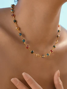 Luxury Vintage Gold Multi Color Stone Beaded Necklace Round Rainbow Cabochon Station Chain Premium Boho Elegant Fine Statement Jewelry - Zsp042420 - 查看 1