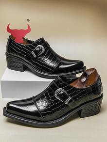 Giày tây nam màu đen dập vân cá sấu, kiểu dáng monk-strap - Mũi nhọn, gót vuông, giày da công sở và giày lười chống trượt. - màu đen - Xem 5