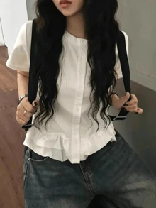 Playful Ruffle Hem Round Neck Short Sleeve T-Shirt, Japanese Retro Girl Style Versatile Loose Top Summer Clothing Casual White - White - View 3