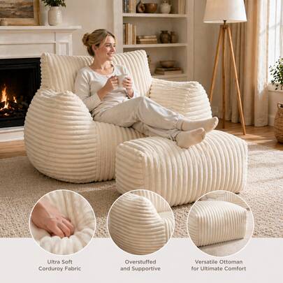 Pouf, fauteuil pouf recouvert de microfibre avec repose-pieds, confortable et spacieux, idéal pour lire, jouer ou se détendre.