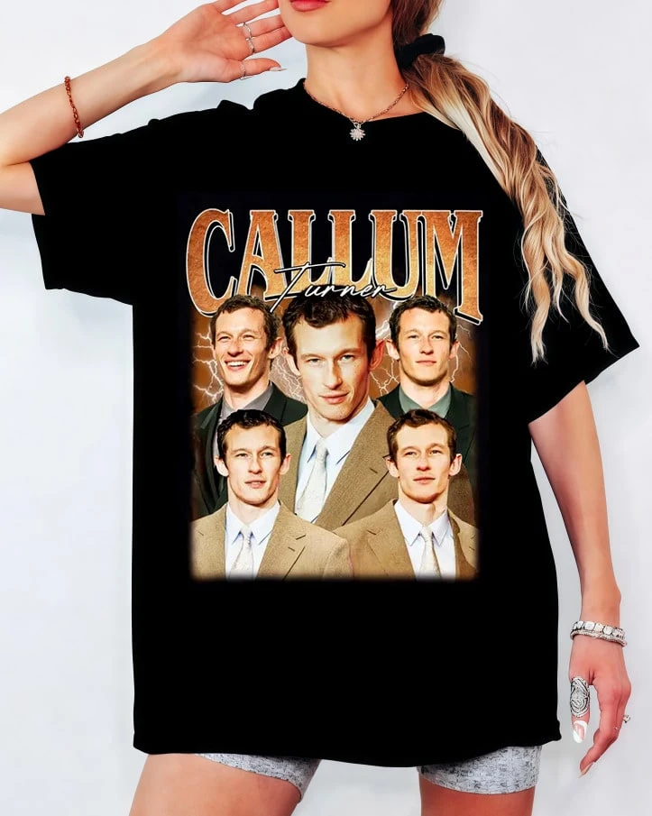 Callum Turner Retro Photo Collage T-Shirt, Gold Gradient Lightning Background Print, Unisex Casual Fan Top - Black - View 1