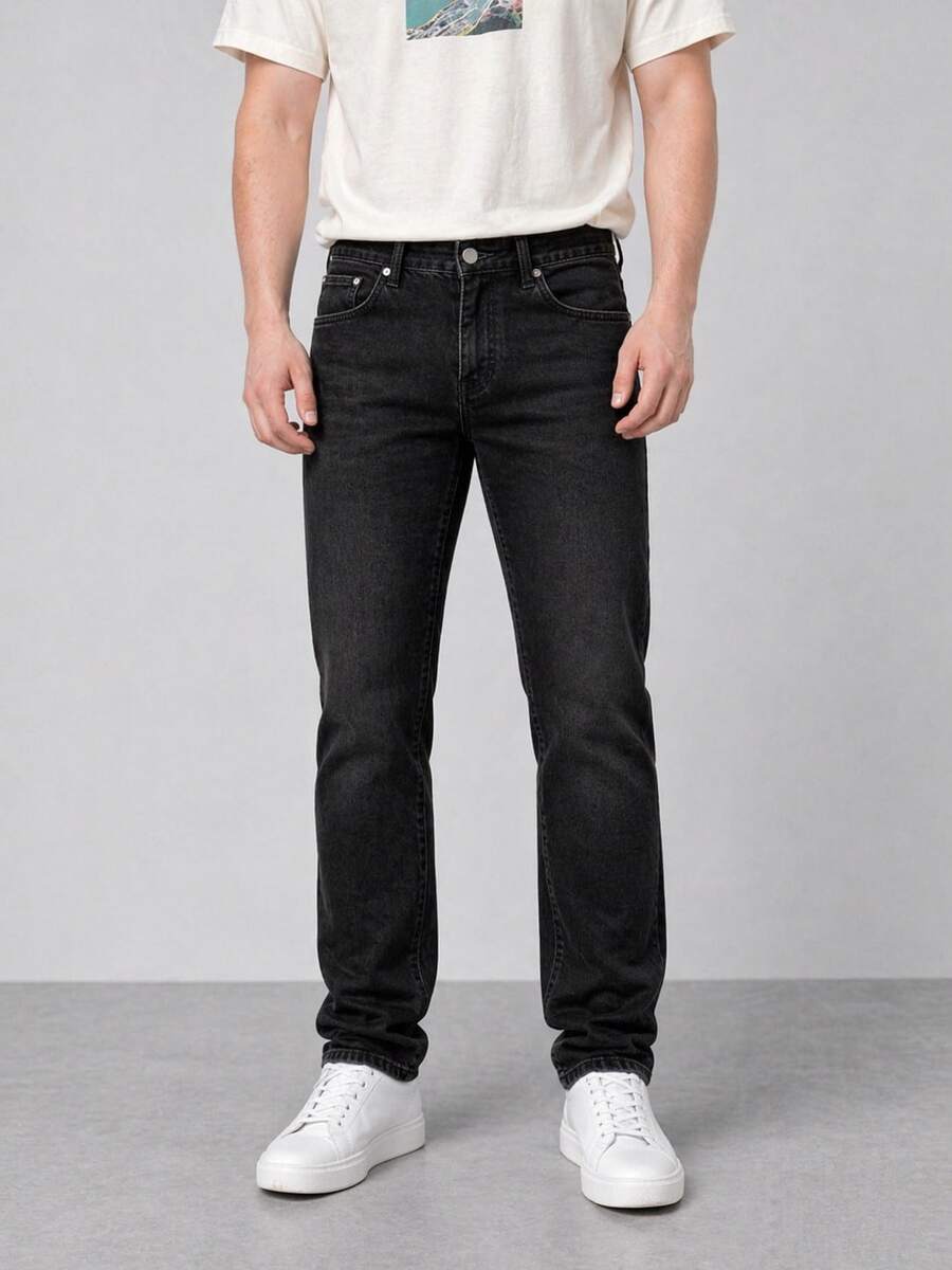 Jeans Hombre Stretch Regular Fit Recto Pantalón de mezclilla Tela Stretch Tiro Alto - Negro - Ver 1